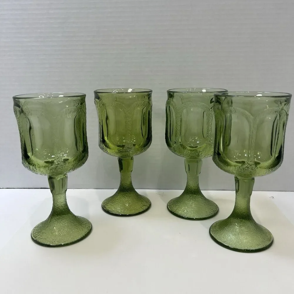 Vintage Fostoria Woodland Green Wine Water Glasses Goblets Set Of 4  Textured